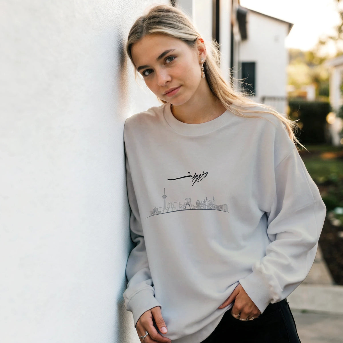 Tehran skyline sweatshirt with طهران calligraphy and Made in Iran stamp – LQQV
