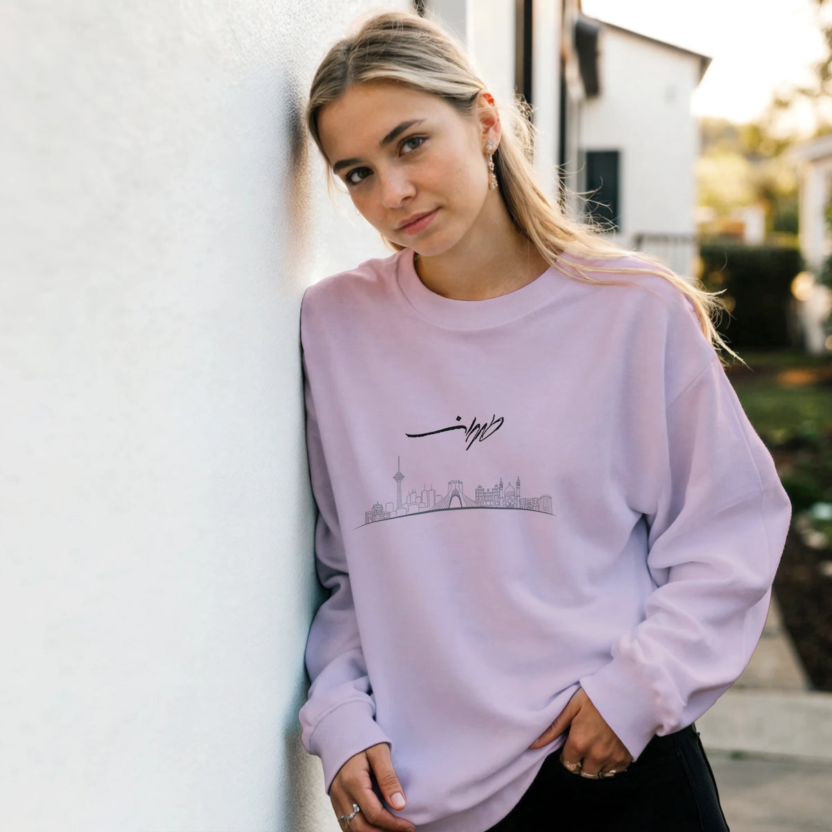 Tehran skyline sweatshirt with طهران calligraphy and Made in Iran stamp – LQQV