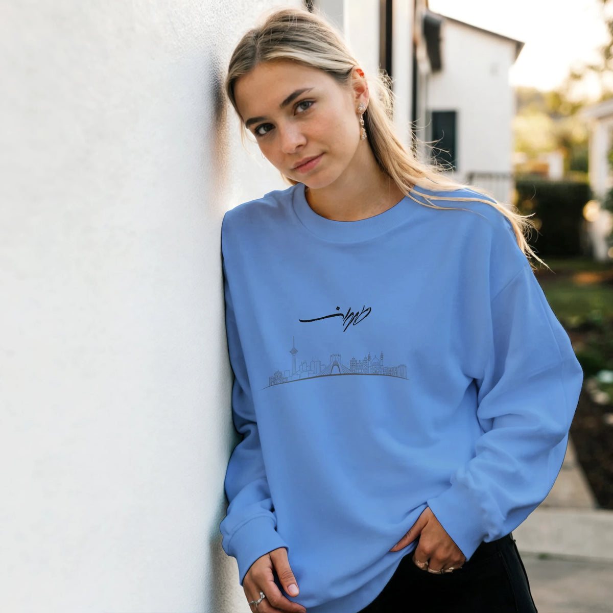 Tehran skyline sweatshirt with طهران calligraphy and Made in Iran stamp – LQQV