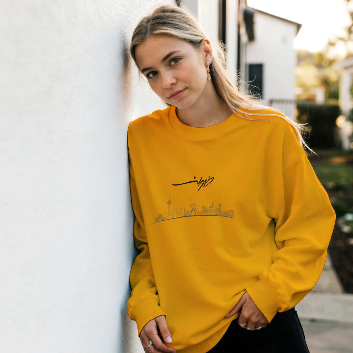 Tehran skyline sweatshirt with طهران calligraphy and Made in Iran stamp – LQQV