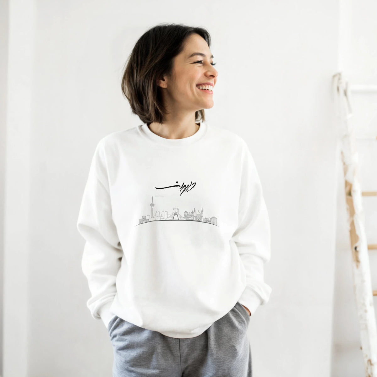 Tehran skyline sweatshirt with طهران calligraphy and Made in Iran stamp – LQQV